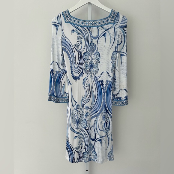 EMILIO PUCCI BLUE WHITE BELL SLEEVE SQUARE NECK DRESS SIZE IT 40 / US 6 - Picture 6 of 16